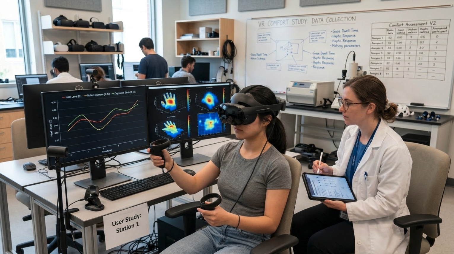 AI generated image of a researcher observing a comfort study participant using a VR headset