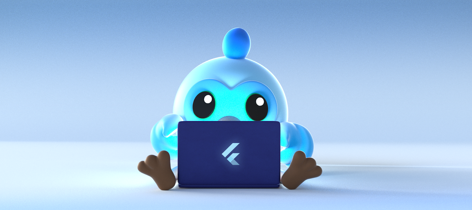 Flutter mascot, 'Dash' using a laptop computer.